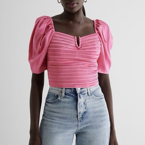 Express Women's Satin V-Bar Puff Sleeve Ruched Pleated Top Pink Size XS NWT $58 - Picture 1 of 16